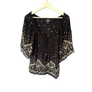 Angie Boho Black Cream Geometric Lace Crochet Top Womens S Rayon Blouse Festival